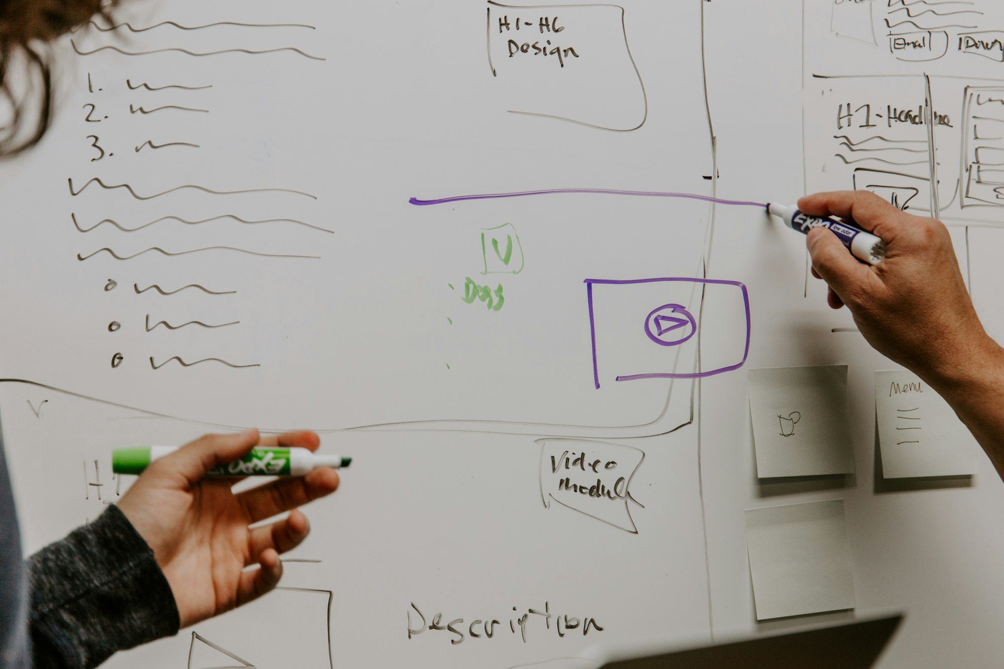 Two colleagues sketching plans and diagrams together on an office whiteboard